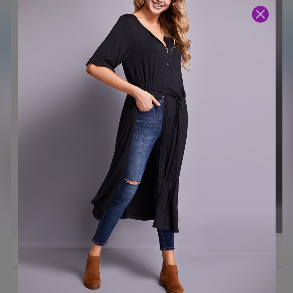 Tie Waist Wrap Button Down Black Shirt Dress, M